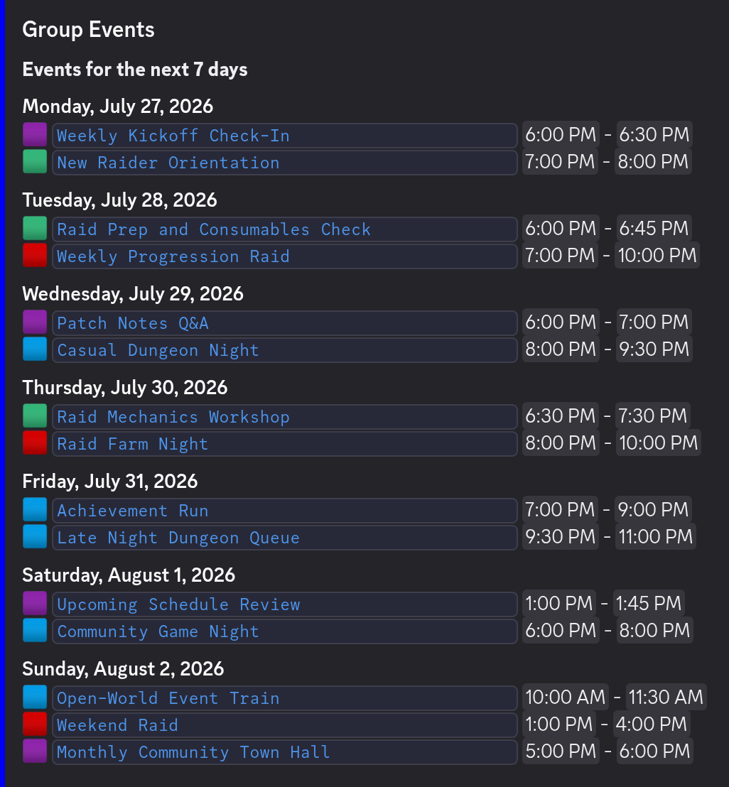 A Chronicle Bot event summary in Discord listing a week of upcoming events with color-coded indicators, linked titles and localized times