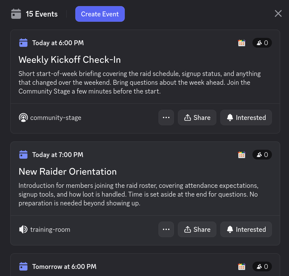 The Discord Events tab listing upcoming native Scheduled Events with their times and channels