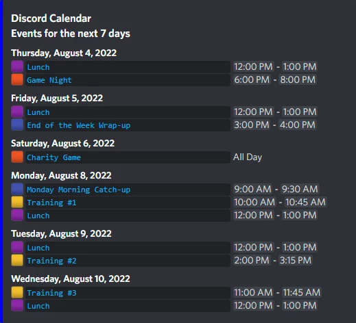 Screenshot of an automated event summary message in Discord displaying multiple upcoming events with color-coded indicators, timestamps, and clickable event links