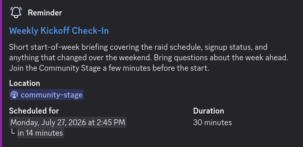 A Chronicle Bot reminder in Discord shortly before an event, showing its voice channel, start time and how long until it begins