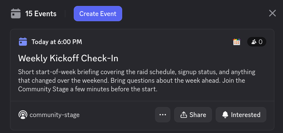 The Discord Events tab showing a native Scheduled Event with its start time, description and voice channel