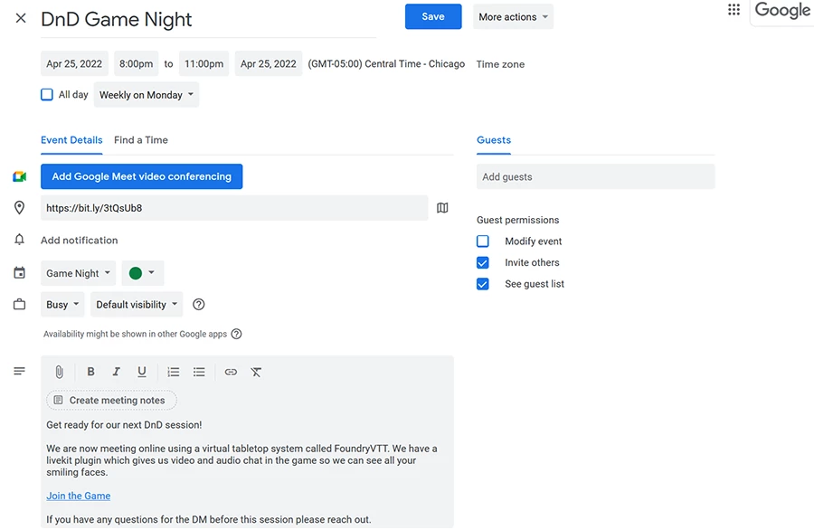 Screenshot of Google Calendar interface showing how to create a Discord event with event details, date, time, and description fields