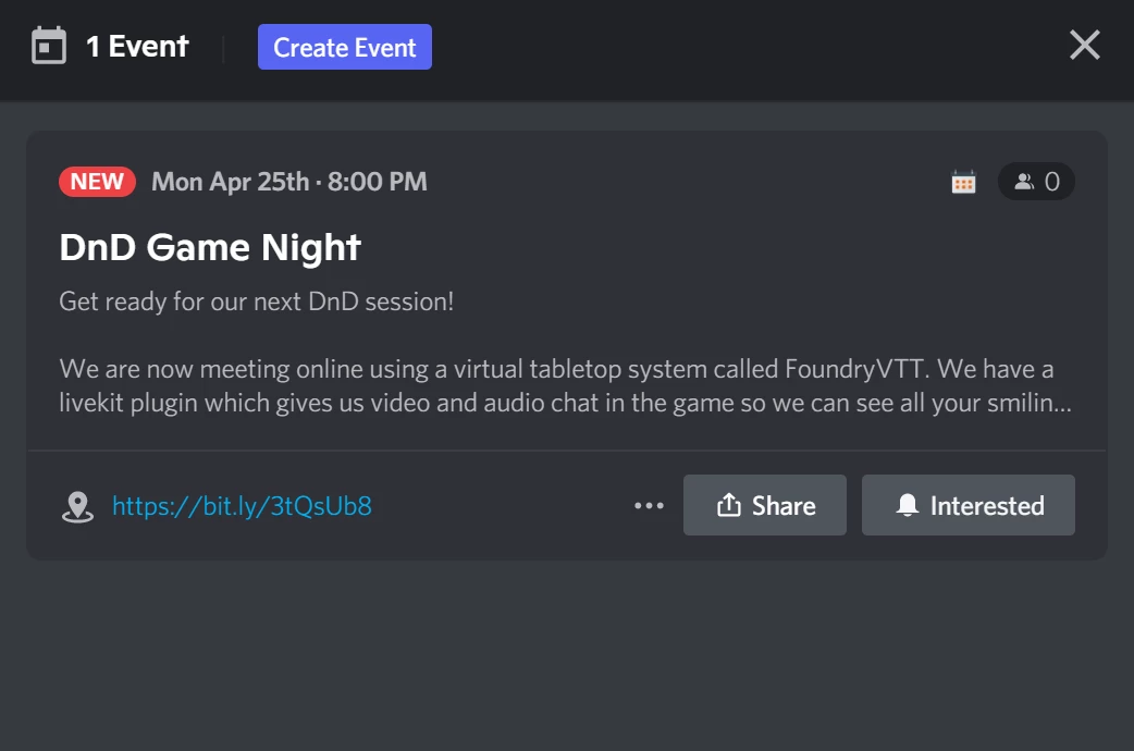 Screenshot of a Discord native event display showing event title, scheduled time, location, and participant list with interested members