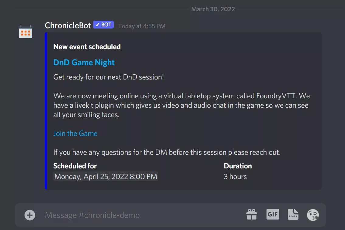 Screenshot of an automated event reminder notification in Discord showing event details, start time, and a visual preview of the scheduled event