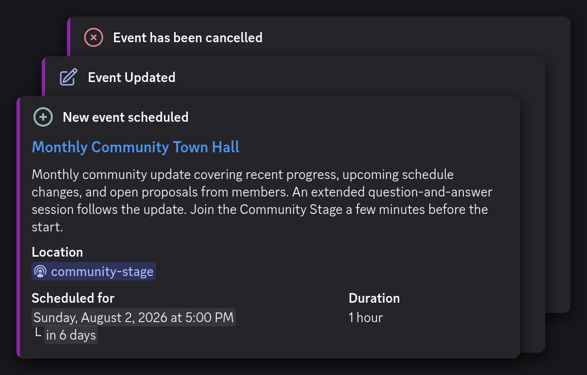 Chronicle Bot Activity Messages in Discord announcing an event as it is created, updated, and cancelled