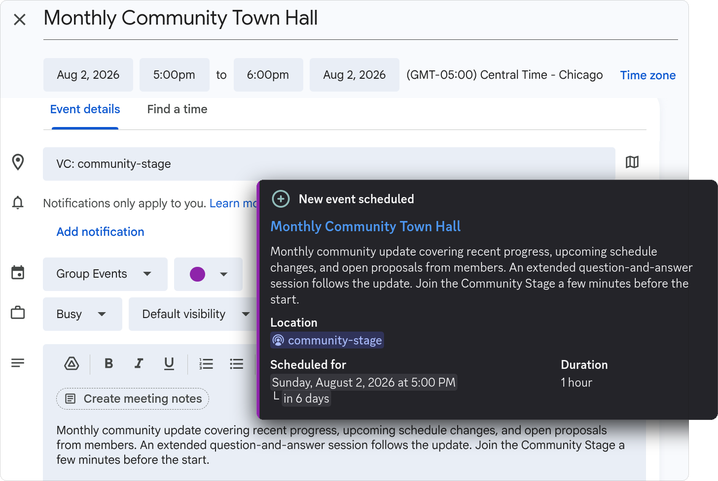 An event in the Google Calendar editor alongside the same event announced by Chronicle Bot in Discord