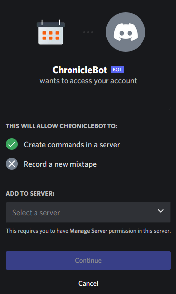 Discord Chronicle Bot Invite Dialog