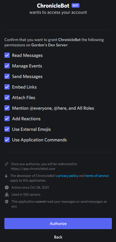 Discord Chronicle Bot Permissions Dialog