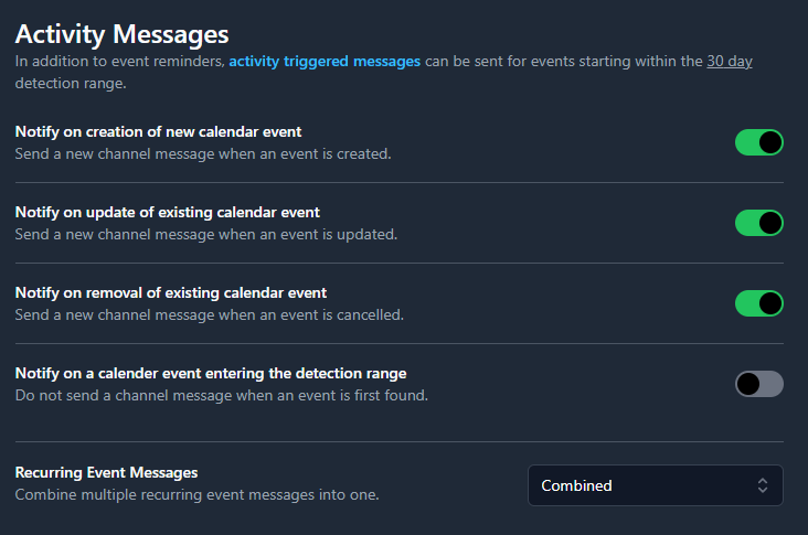 Activity Messages Settings