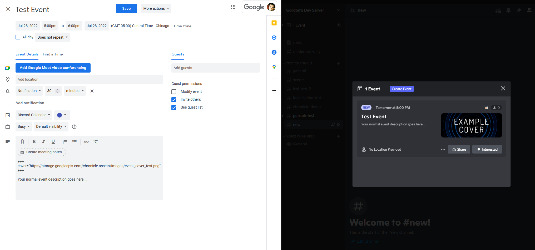 Example of Setting a Discord Event Cover Image from Google Calendar