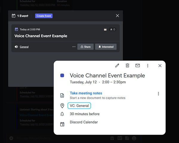 Example of a Discord Voice Channel event syncing from Google Calendar