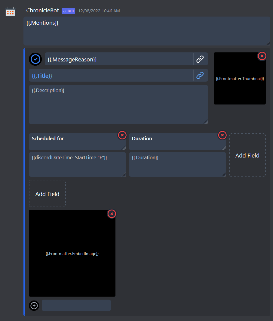 A screenshot showing template for a formatted Discord message with default settings