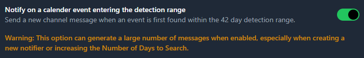 Screenshot showing the "Notify on a calendar event entering the detection range" setting